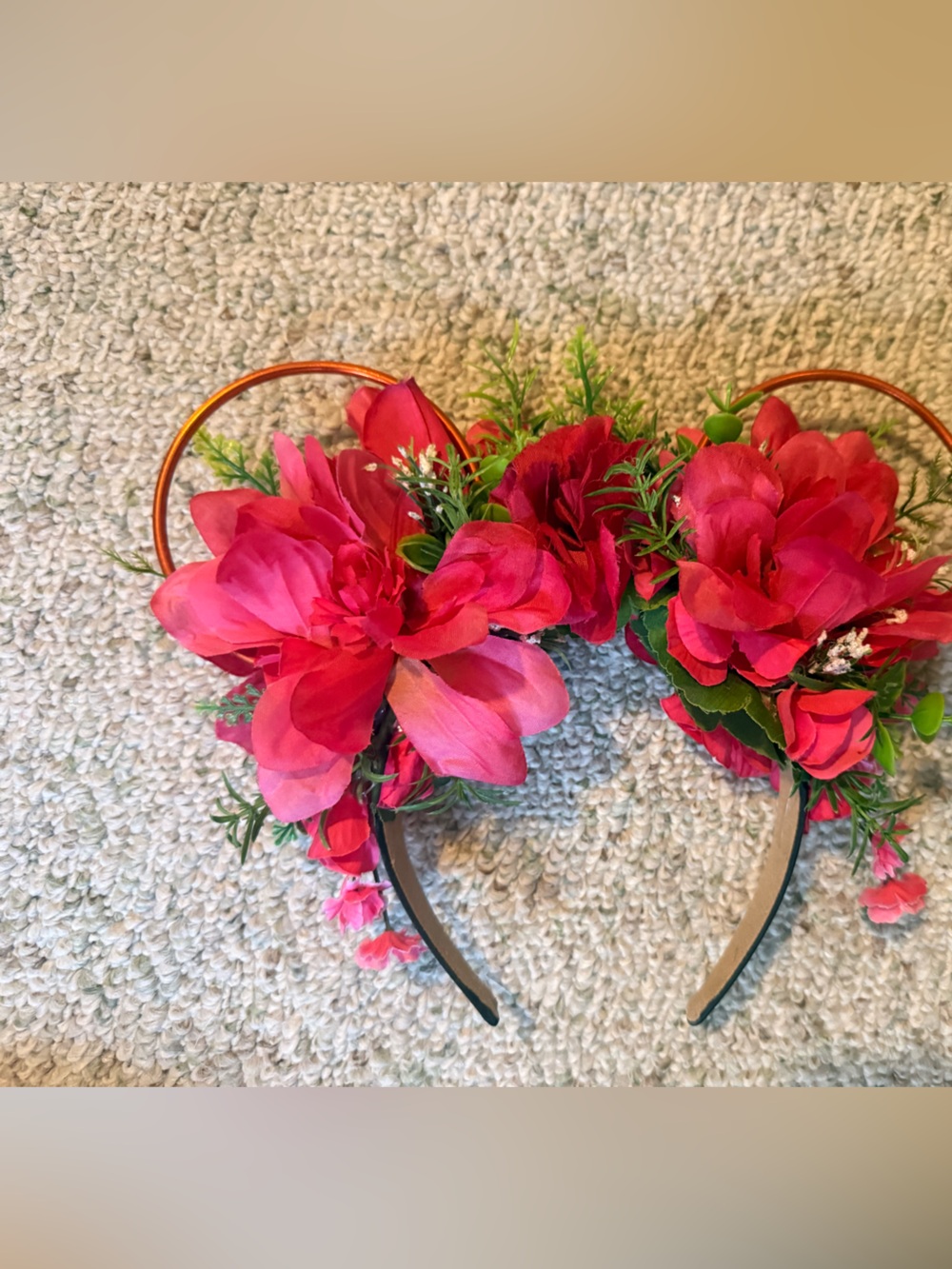 Pink Floral Double-Bloom Headband with Faux Greenery
